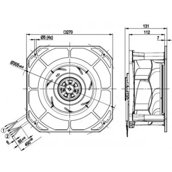 Ebmpapst k3g225-re07-03 230VAC 270x270x131mm 170W 1.4A 705m3/h Kogellager IP54 EC Centrifugaalventilator