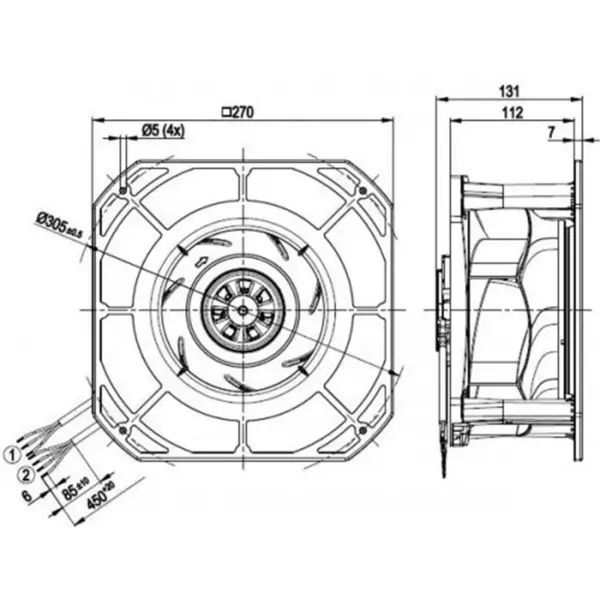 Ebmpapst k3g225-re07-03 230VAC 270x270x131mm 170W 1.4A 705m3/h Kogellager IP54 EC Centrifugaalventilator
