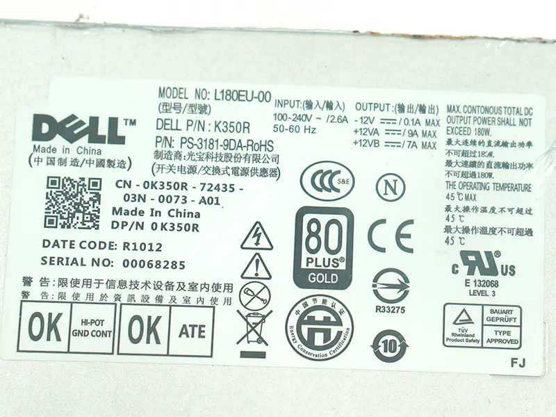PSU voor Dell 780 790 990 7010 9010 180W voeding L180EU-00 F180EU-00 L200EU-00 F200EU-00 C0G5T 6YWW7 M178R