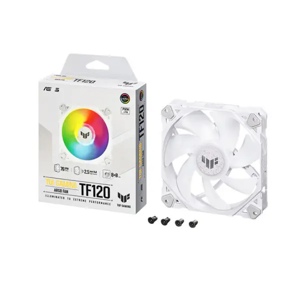 AsUs Tuf Gaming White Tf120 Pc Fan Puur Wit Ontwerp Argb Fan Pwm Temperatuurregeling Snelheidsregeling Dubbellaagse Led Array