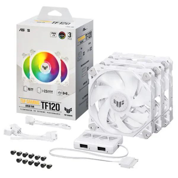 AsUs Tuf Gaming White Heroic Light Tf120 Chassis ventilator 3 stuks Argb ventilator met lichteffect controller Tuf Gaming Tf120 Argb 3in1